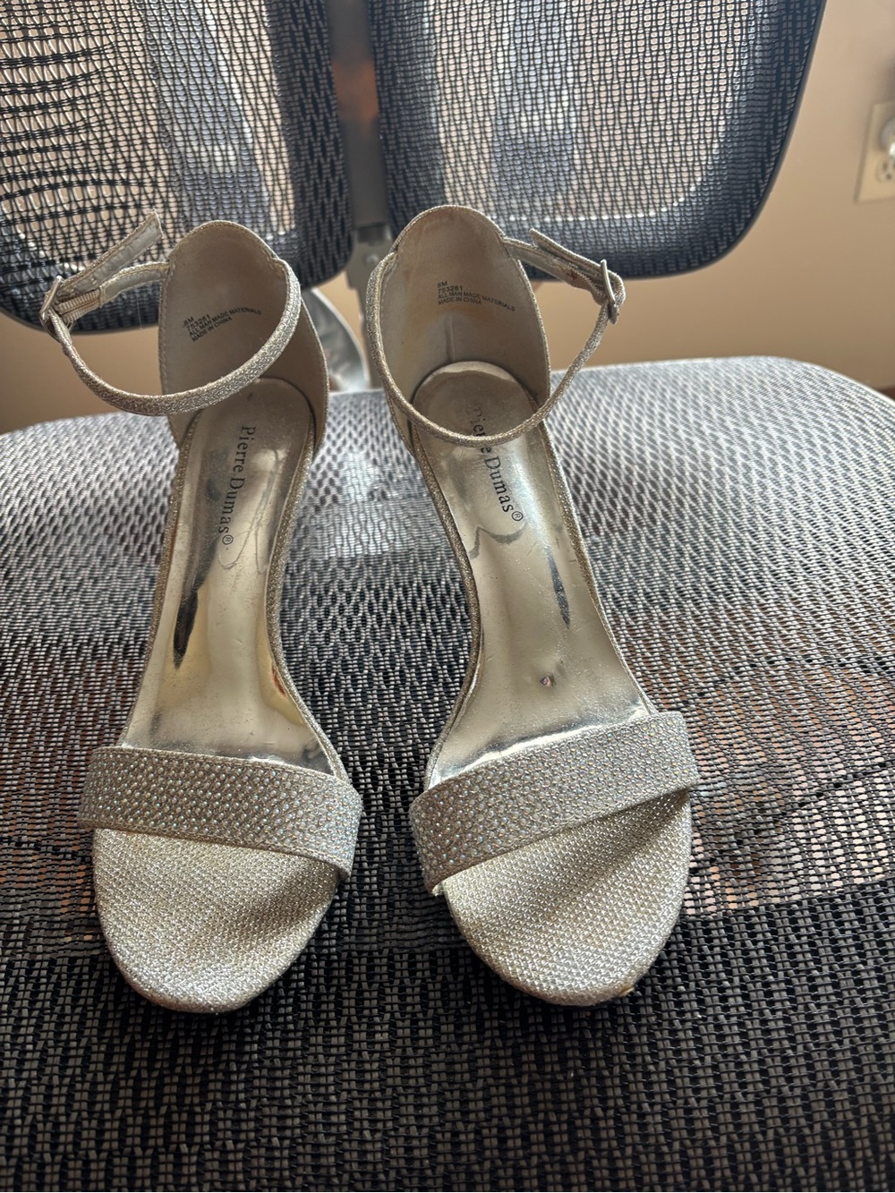Pierre Dumas Silver Glitter Ankle-Strap Heels